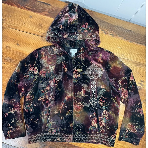 Chicos Women's Velvet Floral Print Embroidered Hooded Velour Track Jacket Sz 2/L - Picture 3 of 10